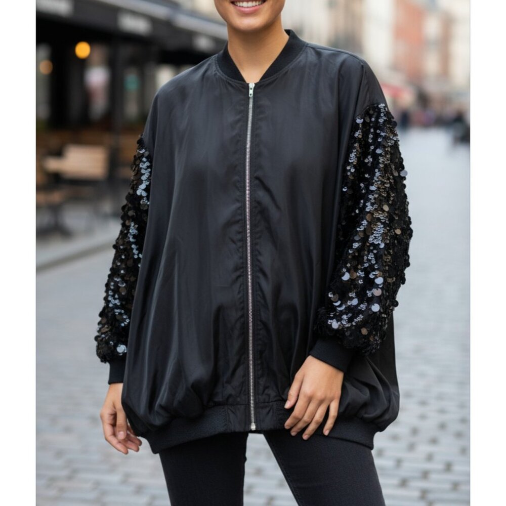 Marigold Shadows Black Oversized Sequin Sleeve Bomber Jacket Women’s OS One Size